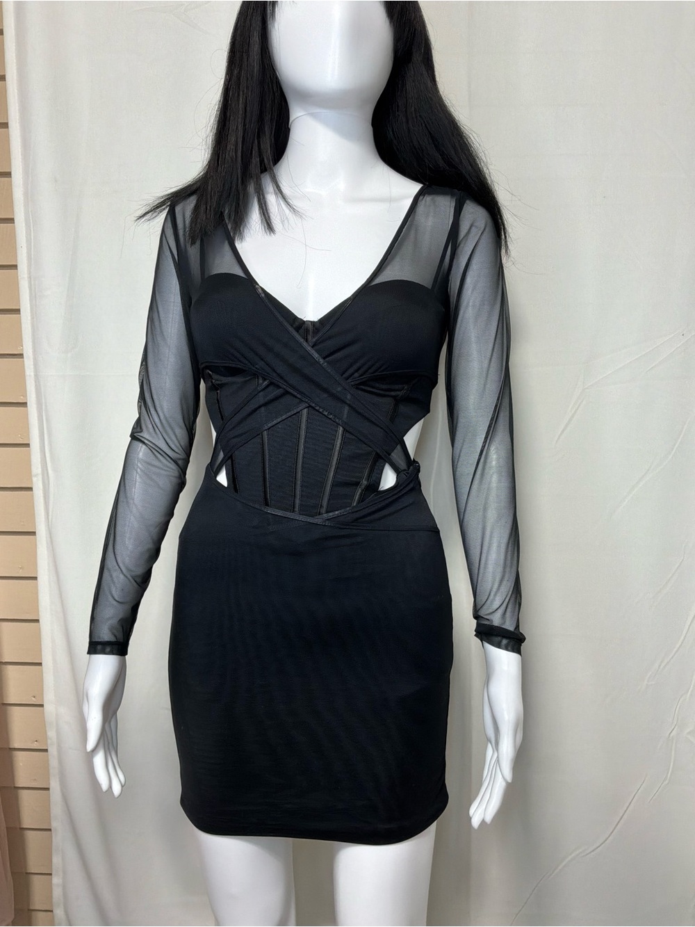 Oh Polly Black Sheer Long Sleeve Cutout Bodycon Dress